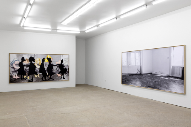 Install view of Lurk-Hive Balance (left to right) How we arrange ourselves, background to fore, 2014, collage: inkjet print, watercolor, pencil, crayon, ink, watercolor paper, laser prints, fixative, uv protect varnish, frame: polar, foamboard, 59 x 120 in. & Empty living room, 2014, inkjet print, frame: poplar, foamboard, 59 x 120 in. Photo courtesy What Pipeline (http://whatpipeline.com/shows/11annespeier/1.html)